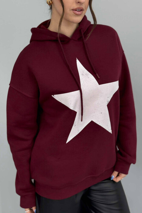 FRONT STAR LOGO ONE COLOR WOMEN HOODIE BURGUNDY/VISHNJE - 6