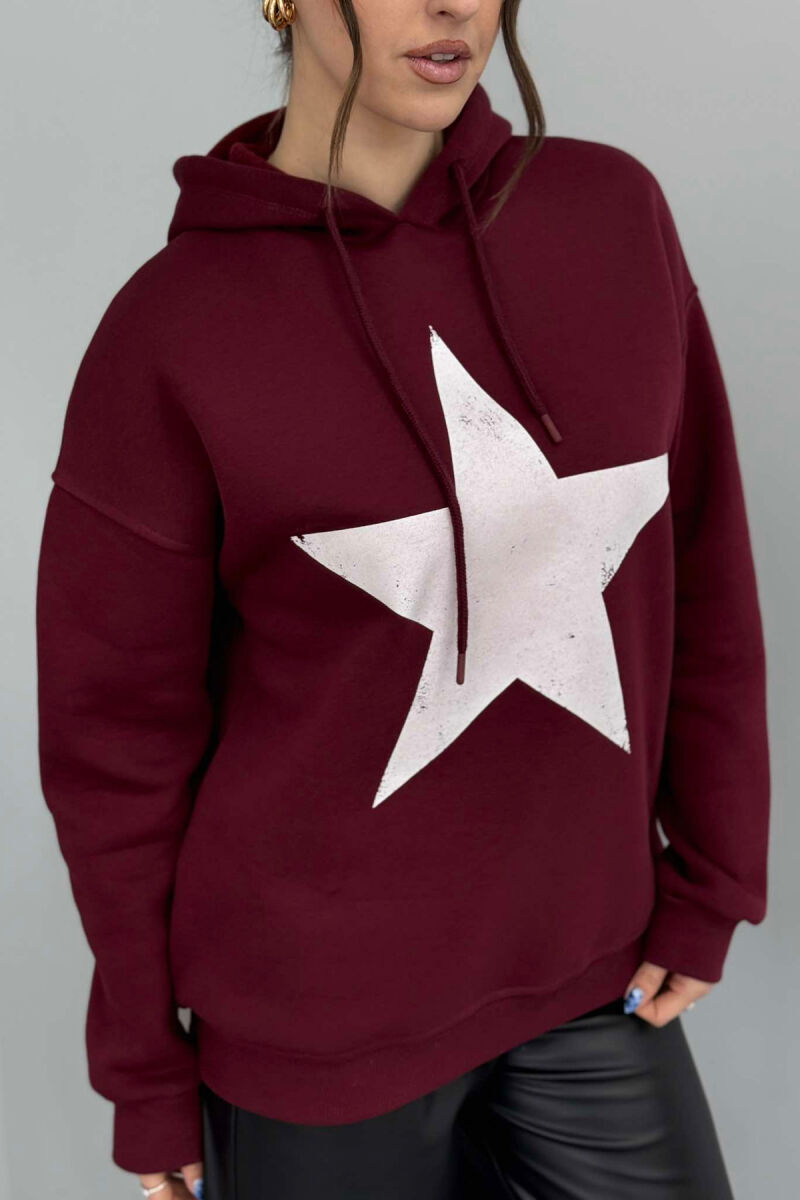 FRONT STAR LOGO ONE COLOR WOMEN HOODIE BURGUNDY/VISHNJE - 3