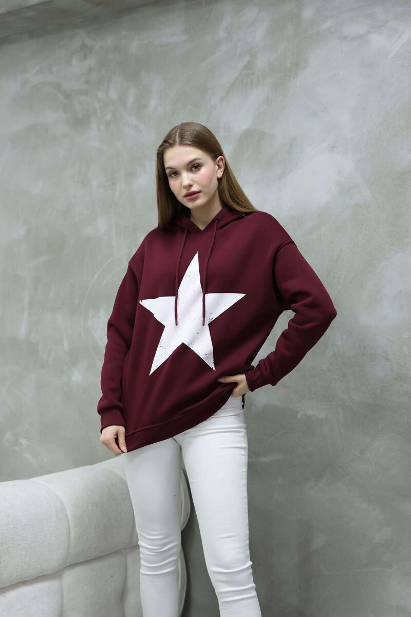 FRONT STAR LOGO ONE COLOR WOMEN HOODIE BURGUNDY/VISHNJE - 2