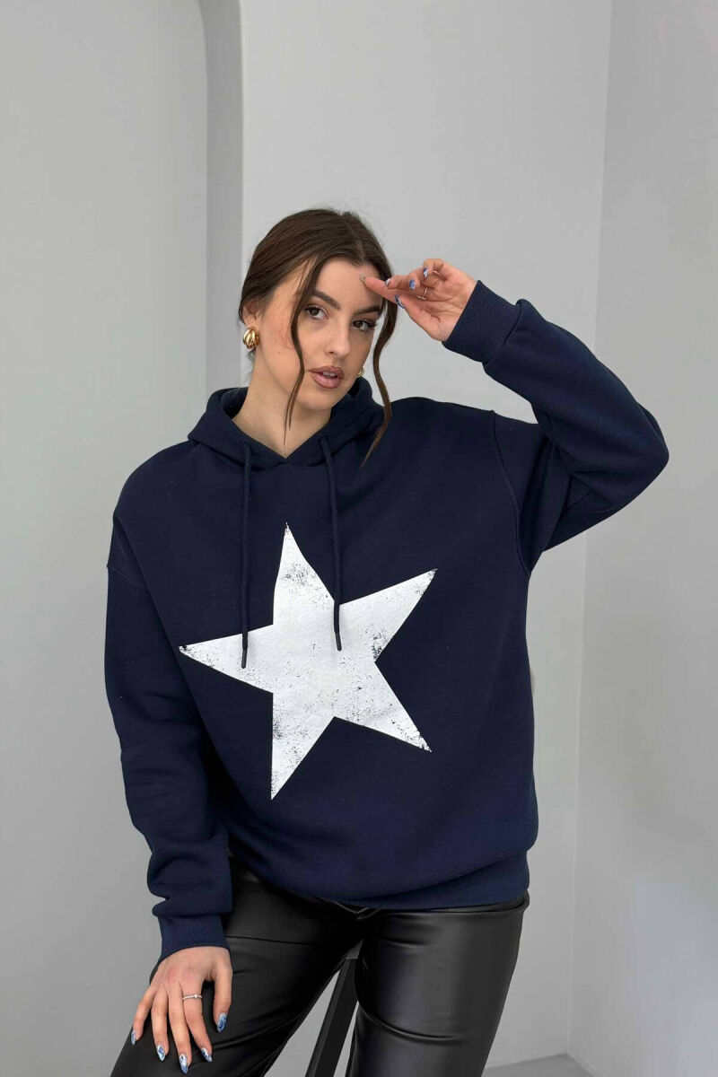 FRONT STAR LOGO ONE COLOR WOMEN HOODIE DARK BLUE/BEE - 5