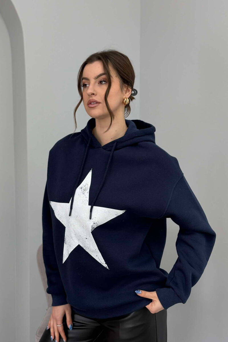 FRONT STAR LOGO ONE COLOR WOMEN HOODIE DARK BLUE/BEE - 6