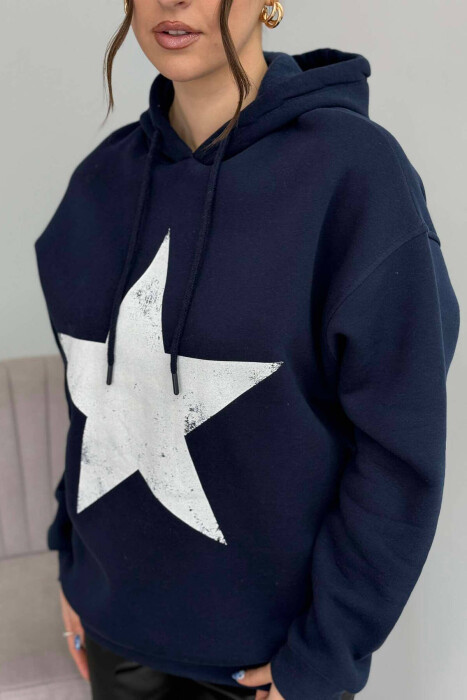 FRONT STAR LOGO ONE COLOR WOMEN HOODIE DARK BLUE/BEE - 7