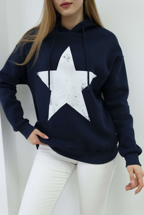 FRONT STAR LOGO ONE COLOR WOMEN HOODIE DARK BLUE/BEE - 3