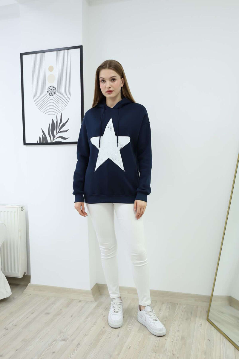 FRONT STAR LOGO ONE COLOR WOMEN HOODIE DARK BLUE/BEE - 4