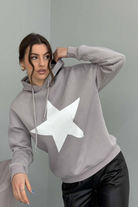 FRONT STAR LOGO ONE COLOR WOMEN HOODIE LIGHT GREY/GZ - 3