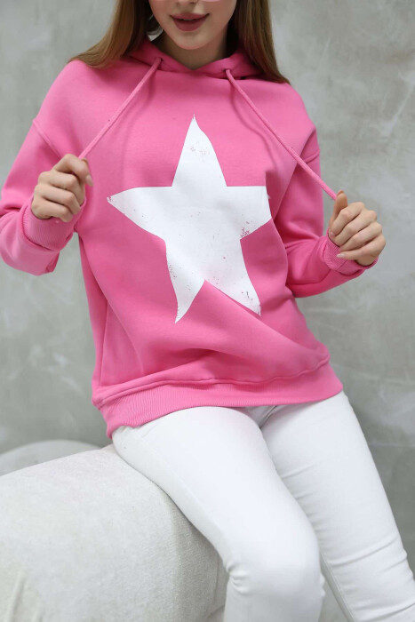 FRONT STAR LOGO ONE COLOR WOMEN HOODIE PINK/ROZE - 2