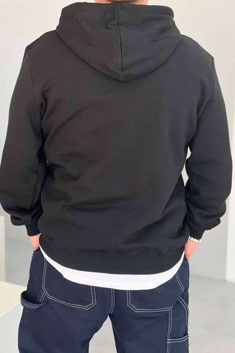 FRONT WRITING ONE COLOR FLUFFY MEN HOODIE BLACK/ E ZEZE - 2