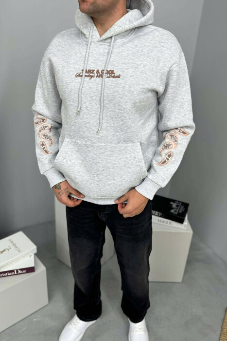 FRONT WRITTING DESIGNED FLUFFY MEN HOODIE LIGHT GREY/GZ 