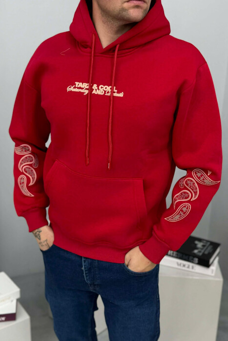 FRONT WRITTING DESIGNED FLUFFY MEN HOODIE RED/E KUQE - 3