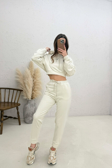 FRONT WRITTING HOODIE + SWEATPANTS WOMAN SET CREAM/KREM 