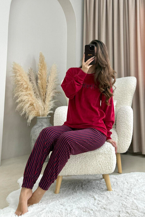 FRONT WRITTING ROUND NECK SWEATSHIRT+SWEATPANTS WOMEN PYJAMAS BURGUNDY/VISHNJE - 1