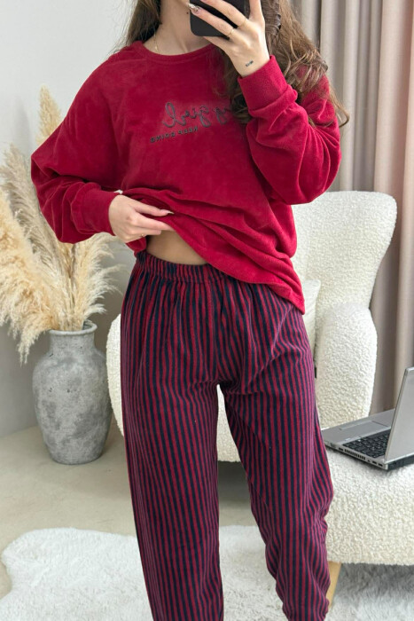 FRONT WRITTING ROUND NECK SWEATSHIRT+SWEATPANTS WOMEN PYJAMAS BURGUNDY/VISHNJE - 6