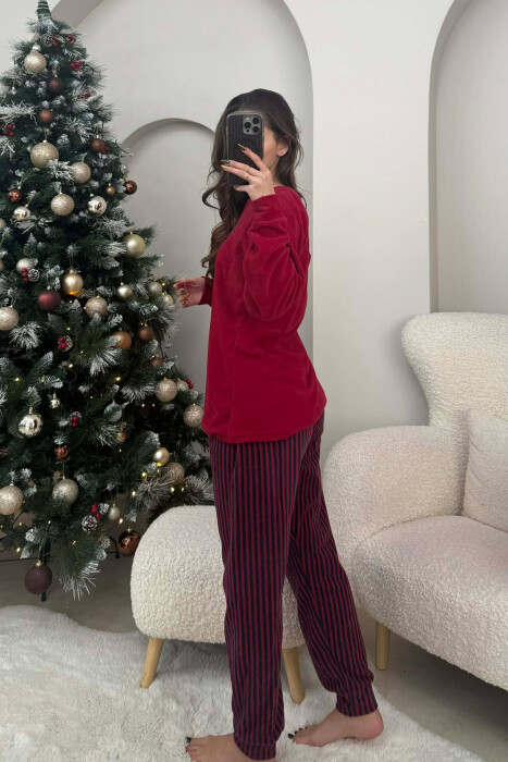 FRONT WRITTING ROUND NECK SWEATSHIRT+SWEATPANTS WOMEN PYJAMAS BURGUNDY/VISHNJE - 2