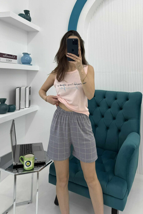 FRONT WRITTING TANK TOP+ SHORTS WOMEN PYJAMAS PINK/ROZE - KLAUDIO FASHION