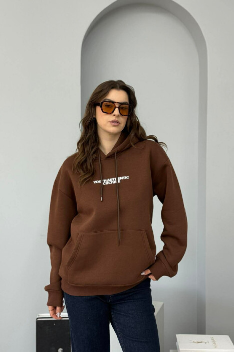 FRONT WRITTINGS & BACK DESIGN FLUFFY WOMEN HOODIE BROWN/KAFE - 1