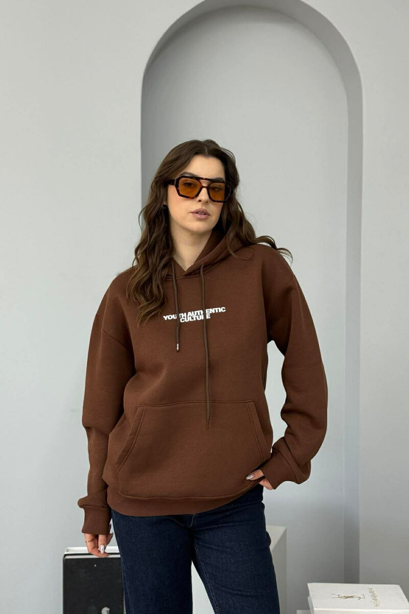 FRONT WRITTINGS & BACK DESIGN FLUFFY WOMEN HOODIE BROWN/KAFE - 1