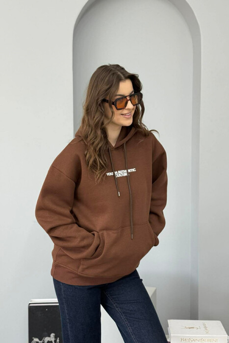 FRONT WRITTINGS & BACK DESIGN FLUFFY WOMEN HOODIE BROWN/KAFE - 2