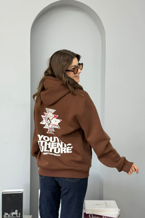 FRONT WRITTINGS & BACK DESIGN FLUFFY WOMEN HOODIE BROWN/KAFE - 3