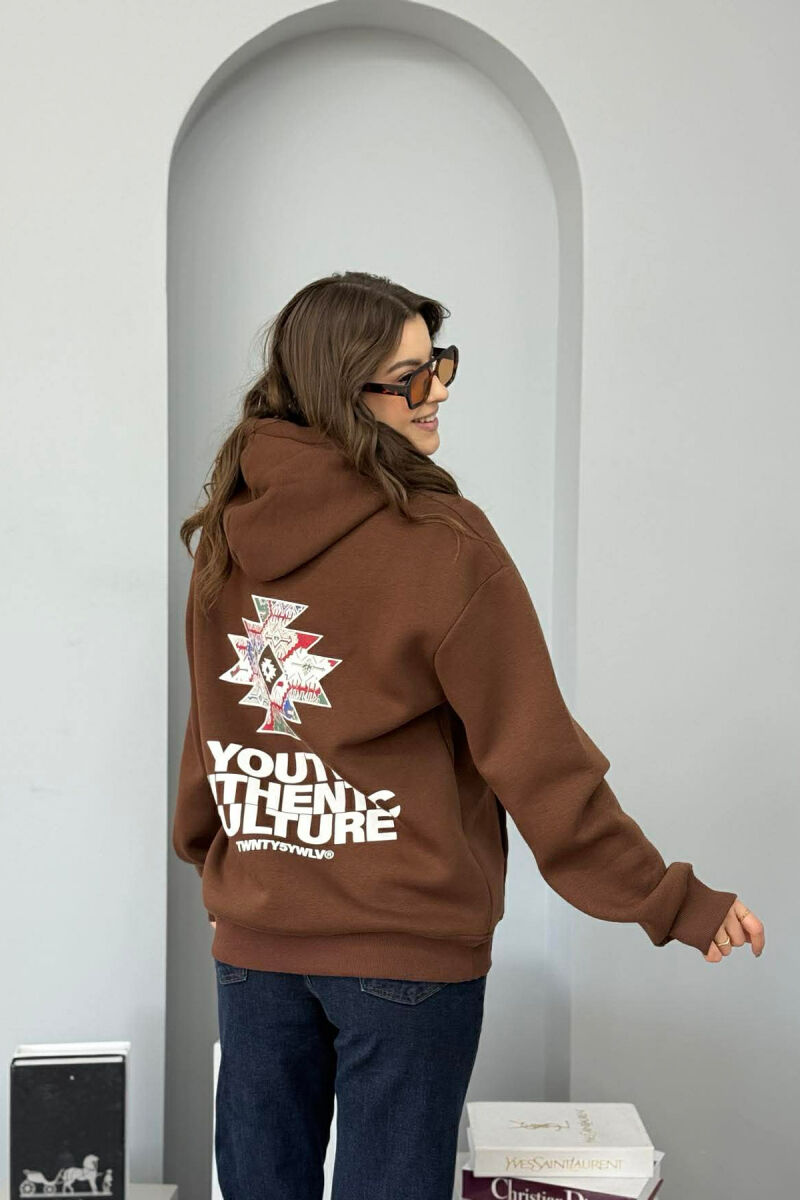 FRONT WRITTINGS & BACK DESIGN FLUFFY WOMEN HOODIE BROWN/KAFE - 3