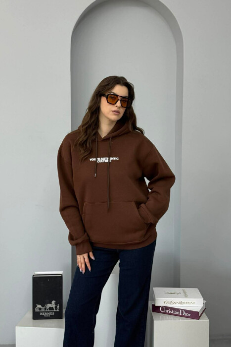 FRONT WRITTINGS & BACK DESIGN FLUFFY WOMEN HOODIE BROWN/KAFE - 5