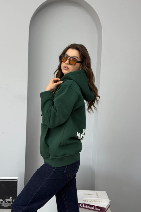 FRONT WRITTINGS & BACK DESIGN FLUFFY WOMEN HOODIE DARK GREEN/JEE - 2