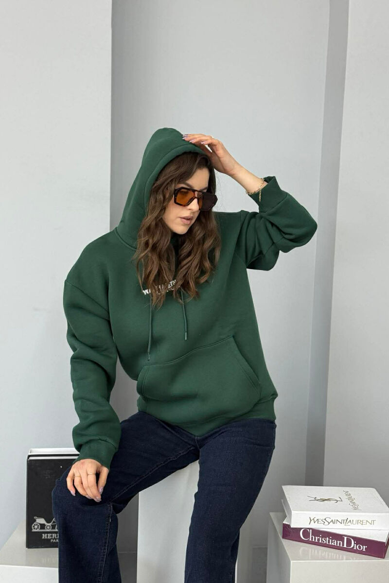 FRONT WRITTINGS & BACK DESIGN FLUFFY WOMEN HOODIE DARK GREEN/JEE - 6