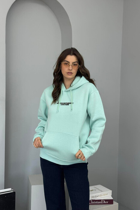 FRONT WRITTINGS & BACK DESIGN FLUFFY WOMEN HOODIE MINT/MENTE - 