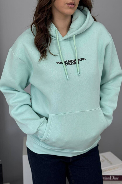 FRONT WRITTINGS & BACK DESIGN FLUFFY WOMEN HOODIE MINT/MENTE - 4
