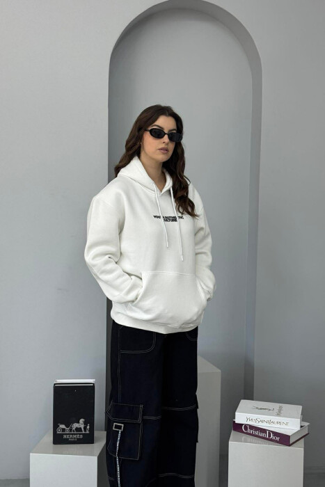 FRONT WRITTINGS & BACK DESIGN FLUFFY WOMEN HOODIE WHITE-E BARDHE - 