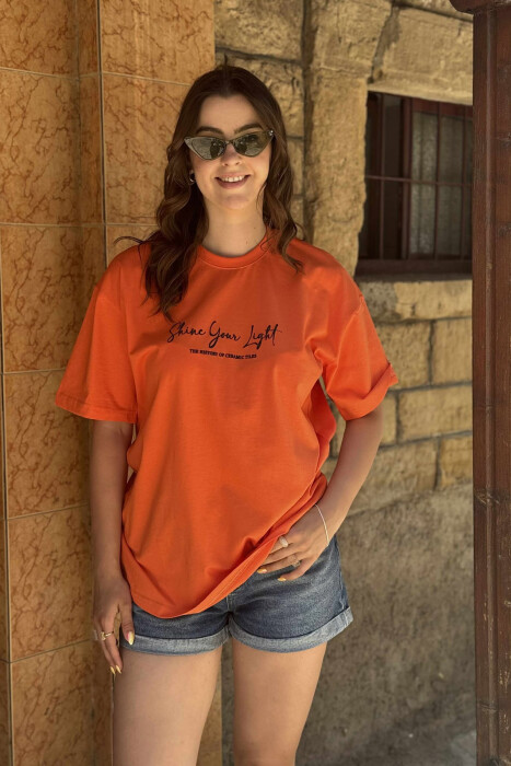 FRONT WRITTINGS & BACK DESIGN WOMEN T-SHIRT ORANGE/PORTOKALLI - 1