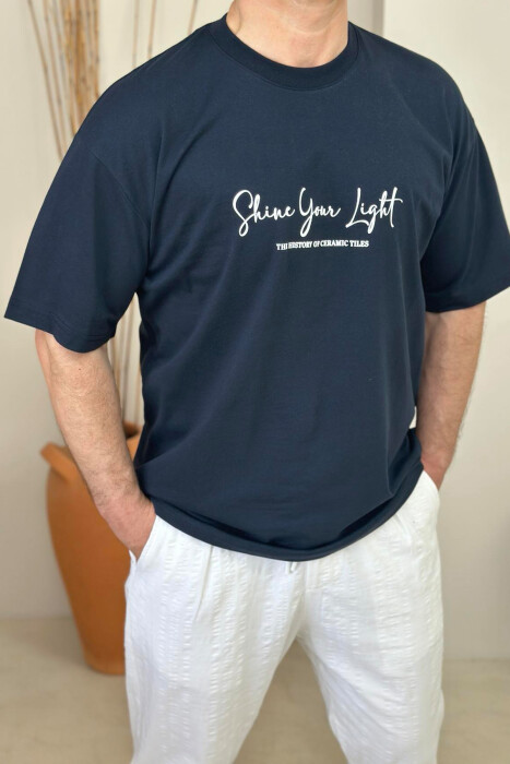 FRONT WRITTINGS & BACK IMAGE ROUND NECK MEN T-SHIRT DARK BLUE/BEE 