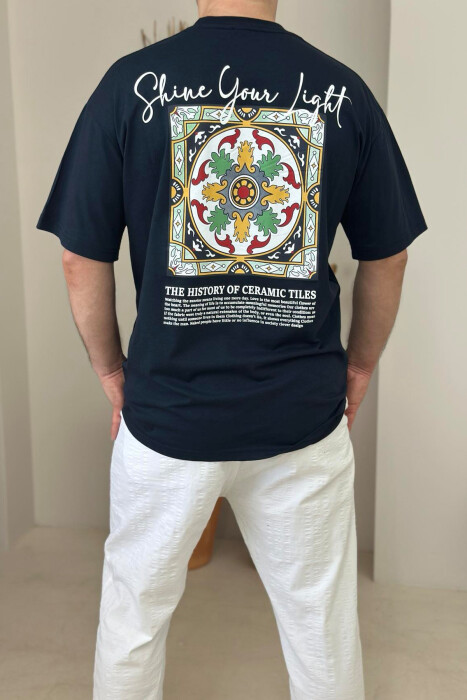 FRONT WRITTINGS & BACK IMAGE ROUND NECK MEN T-SHIRT DARK BLUE/BEE - 2