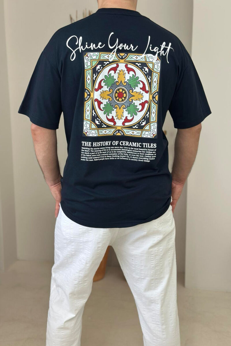 FRONT WRITTINGS & BACK IMAGE ROUND NECK MEN T-SHIRT DARK BLUE/BEE - 2