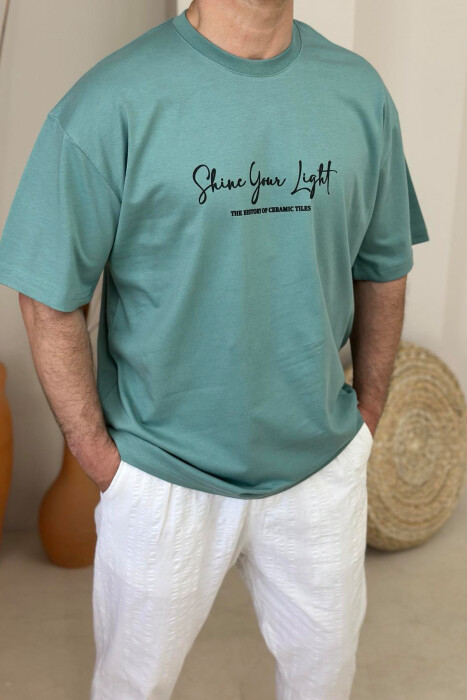 FRONT WRITTINGS & BACK IMAGE ROUND NECK MEN T-SHIRT DARK MINT/MENTE ERRET 