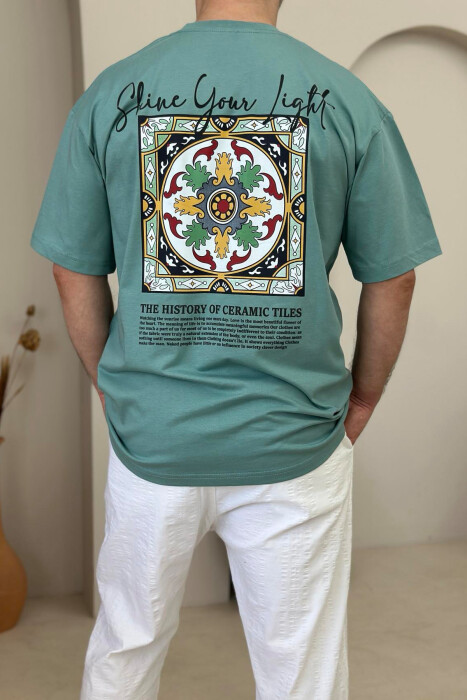 FRONT WRITTINGS & BACK IMAGE ROUND NECK MEN T-SHIRT DARK MINT/MENTE ERRET - 2