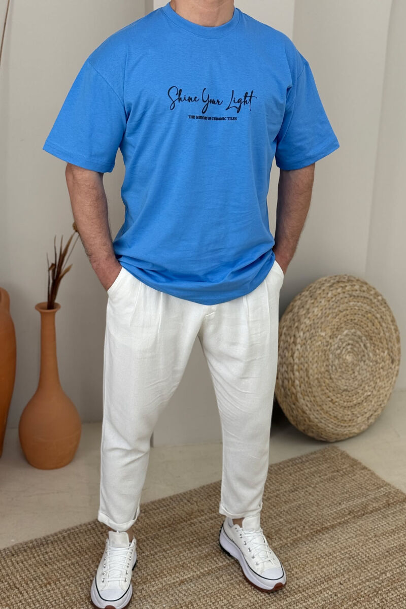 FRONT WRITTINGS & BACK IMAGE ROUND NECK MEN T-SHIRT LIGHTBLUE/BZ - 1