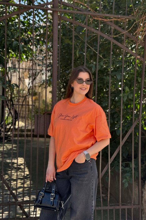 FRONT WRITTINGS BACK IMAGE WOMEN T-SHIRT + 6 PAIR SOCKS ORANGE/PORTOKALLI - KLAUDIO FASHION