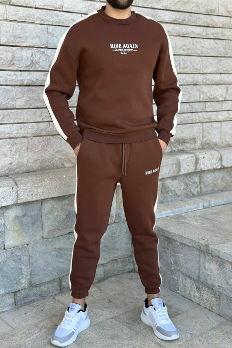 FRONT WRITTINGS SWEATSHIRT+JOGGERS FLUFFY MEN SET BROWN/KAFE - KLAUDIO FASHION