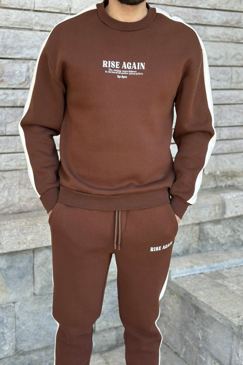 FRONT WRITTINGS SWEATSHIRT+JOGGERS FLUFFY MEN SET BROWN/KAFE - 4