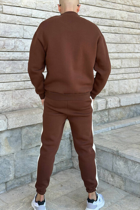 FRONT WRITTINGS SWEATSHIRT+JOGGERS FLUFFY MEN SET BROWN/KAFE - 3