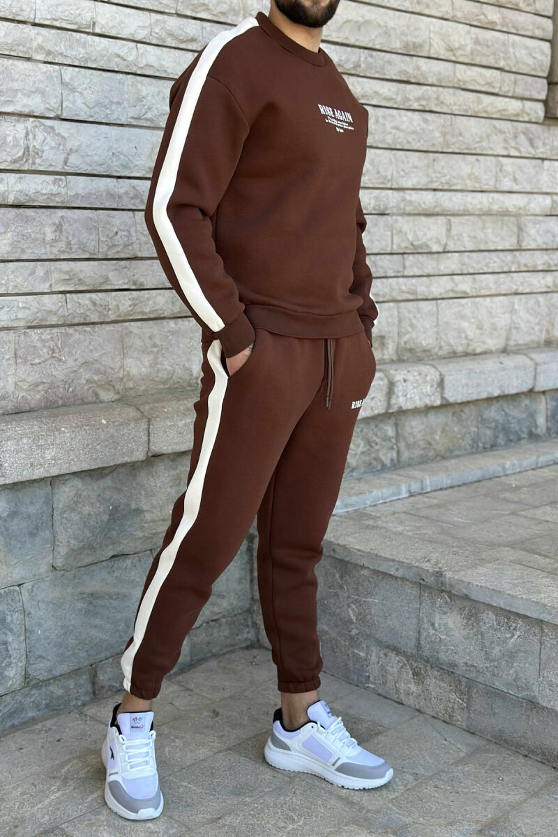 FRONT WRITTINGS SWEATSHIRT+JOGGERS FLUFFY MEN SET BROWN/KAFE - 2