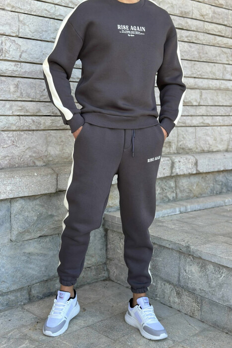FRONT WRITTINGS SWEATSHIRT+JOGGERS FLUFFY MEN SET DARK GREY/GEE 