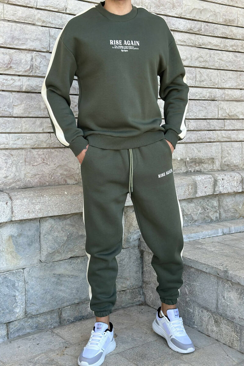 FRONT WRITTINGS SWEATSHIRT+JOGGERS FLUFFY MEN SET OLIVE/ULLI - 1