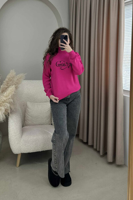 FRONT WRITTINGS HIGH NECK SIMPLE WOMEN SWEATER FUCHSIA/CIKLAMI 