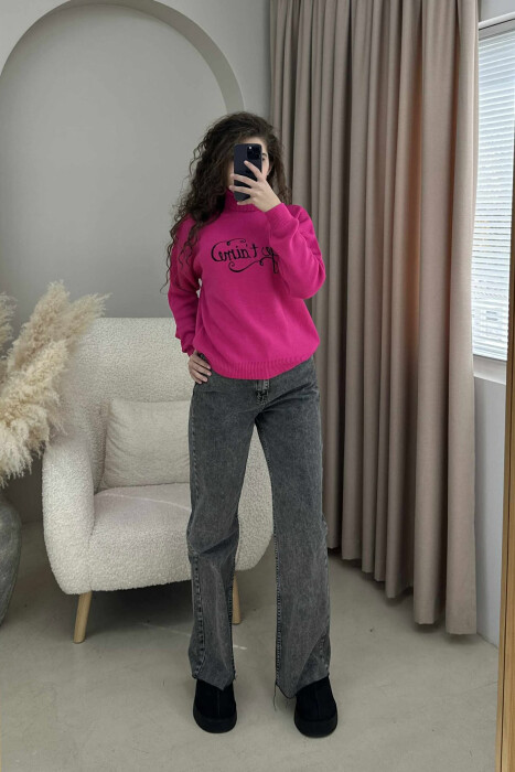 FRONT WRITTINGS HIGH NECK SIMPLE WOMEN SWEATER FUCHSIA/CIKLAMI - 2