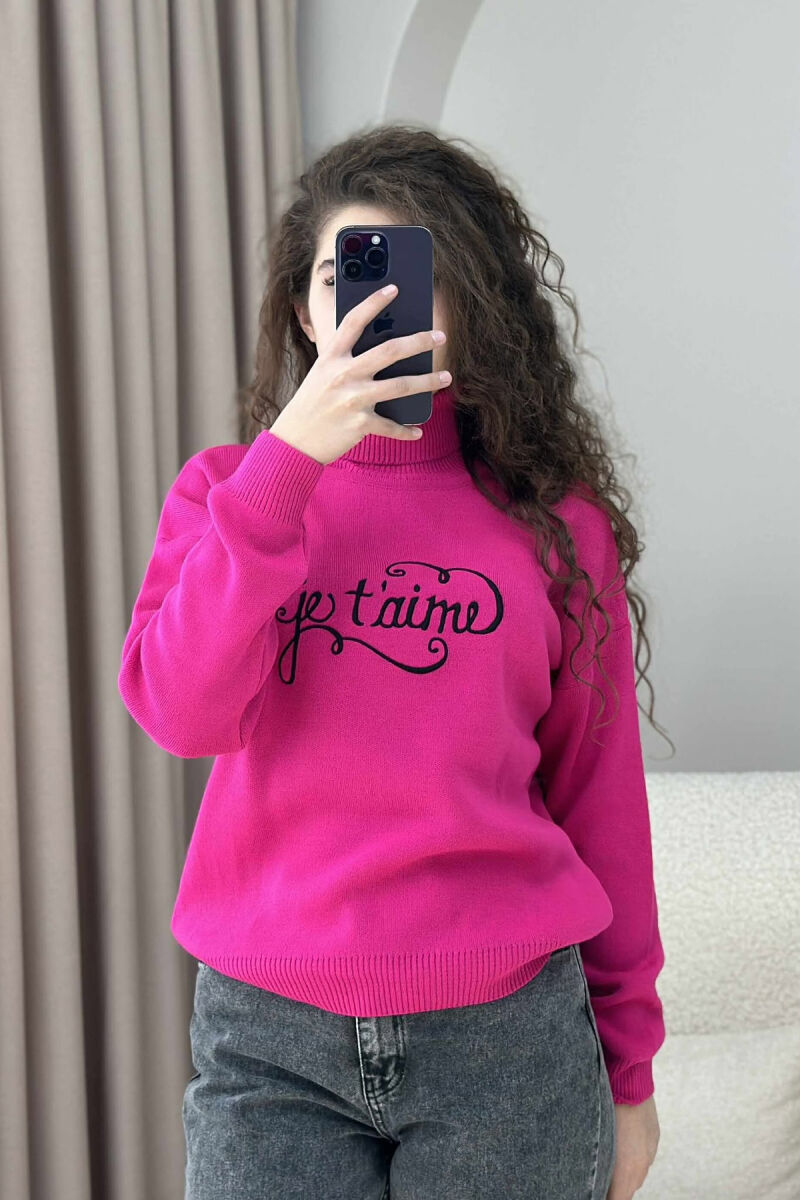 FRONT WRITTINGS HIGH NECK SIMPLE WOMEN SWEATER FUCHSIA/CIKLAMI - 3