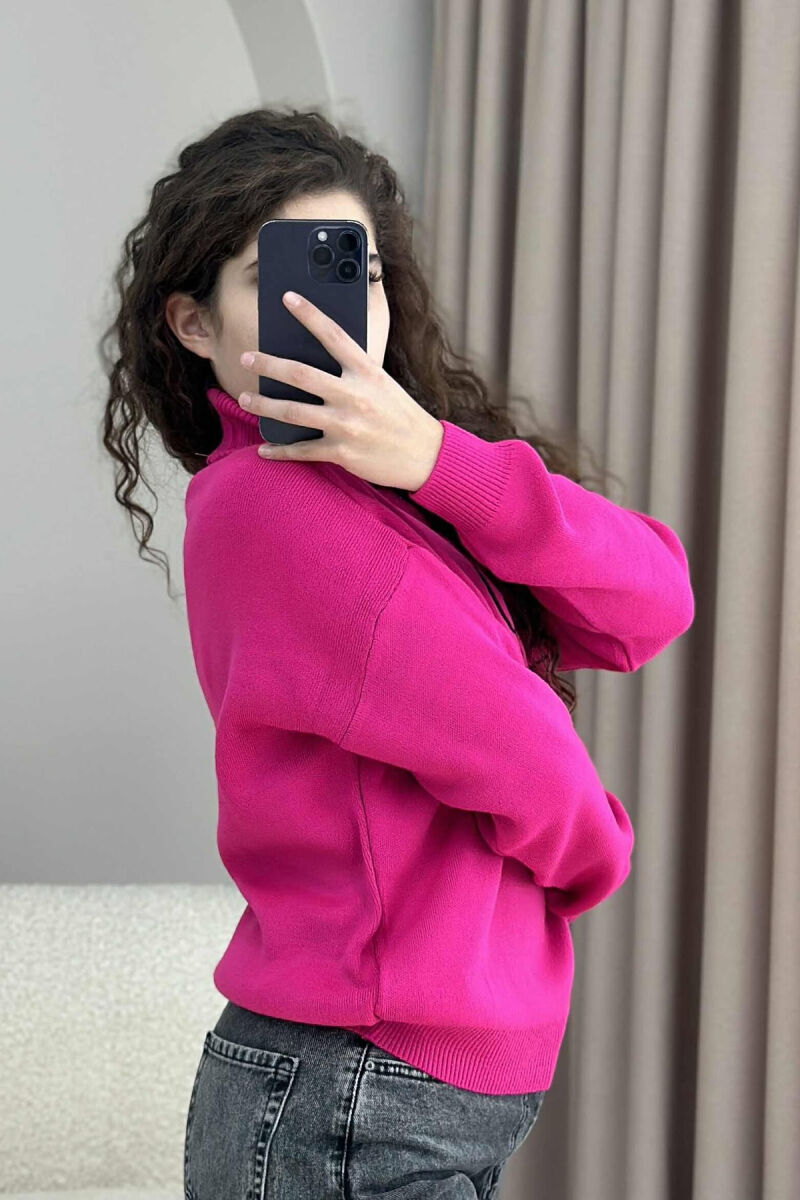 FRONT WRITTINGS HIGH NECK SIMPLE WOMEN SWEATER FUCHSIA/CIKLAMI - 4