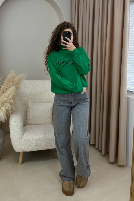 FRONT WRITTINGS HIGH NECK SIMPLE WOMEN SWEATER GREEN/JESHILE - 1