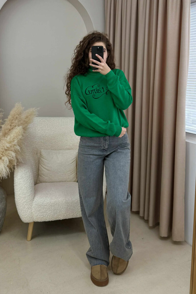 FRONT WRITTINGS HIGH NECK SIMPLE WOMEN SWEATER GREEN/JESHILE - 1