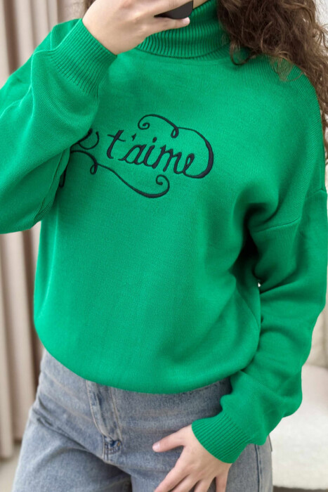 FRONT WRITTINGS HIGH NECK SIMPLE WOMEN SWEATER GREEN/JESHILE - 4